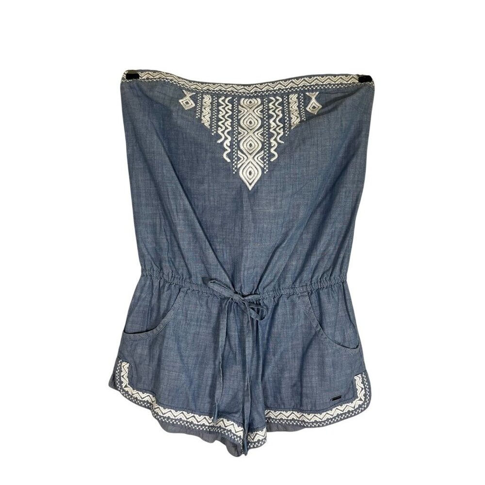 Hollister Romper Floral Embroidered M Blue Boho Indie Festival Resort Preppy 80s